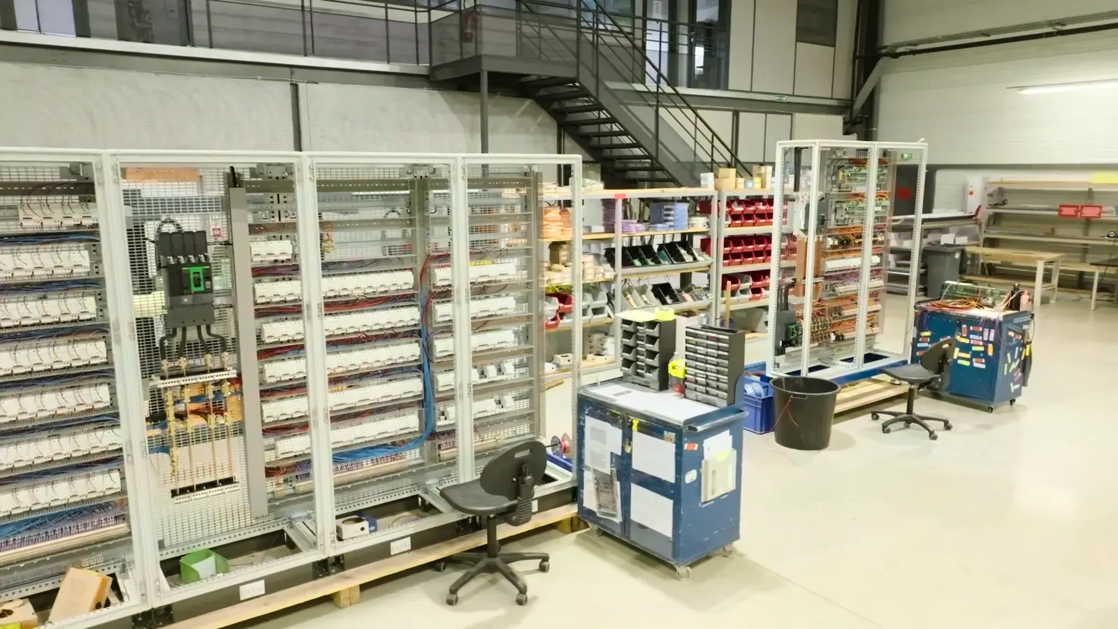 Armoires en cours de câblage sur leurs palettes, chariots d’outillage des câbleurs.